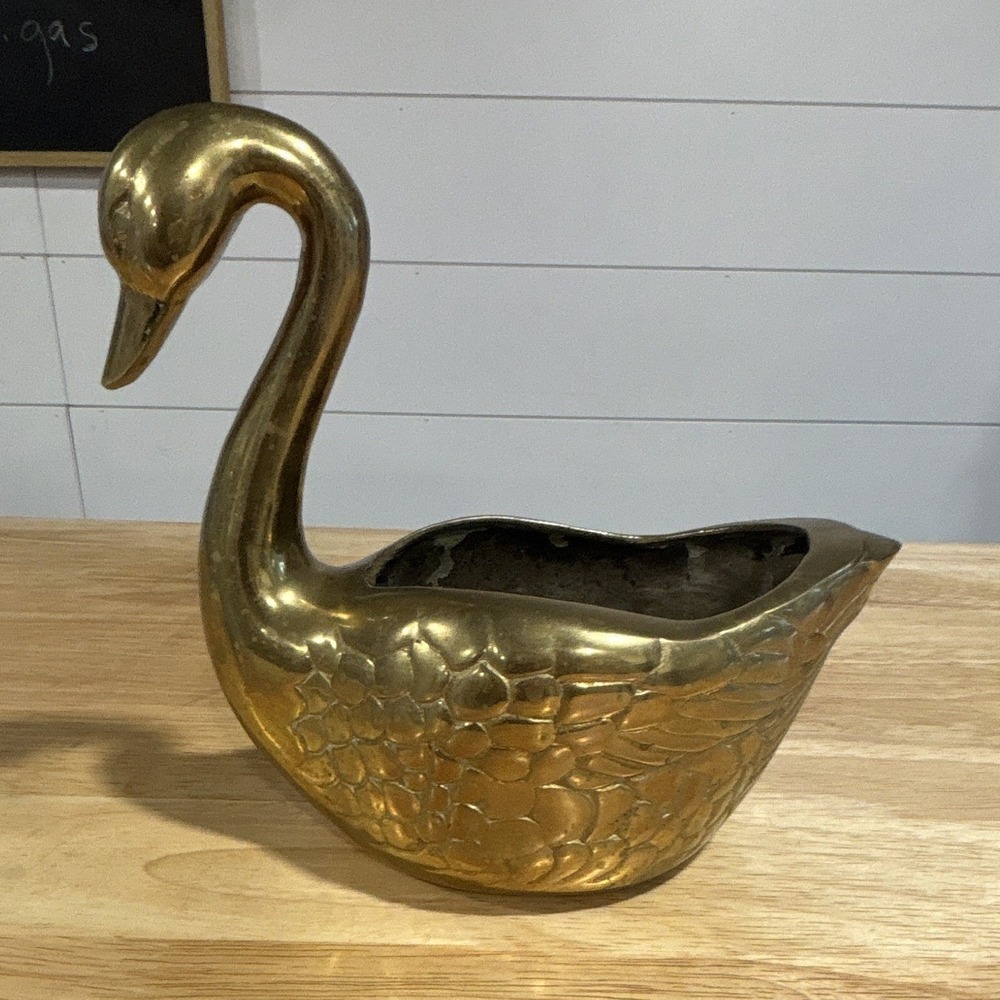 Solid Brass Swan Planter Dish 3D Effect Textured 8 in Tall